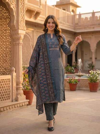 Ajrakh Print Embroidered Straight Kurta with Pant & Printed Voile Dupatta - Blue