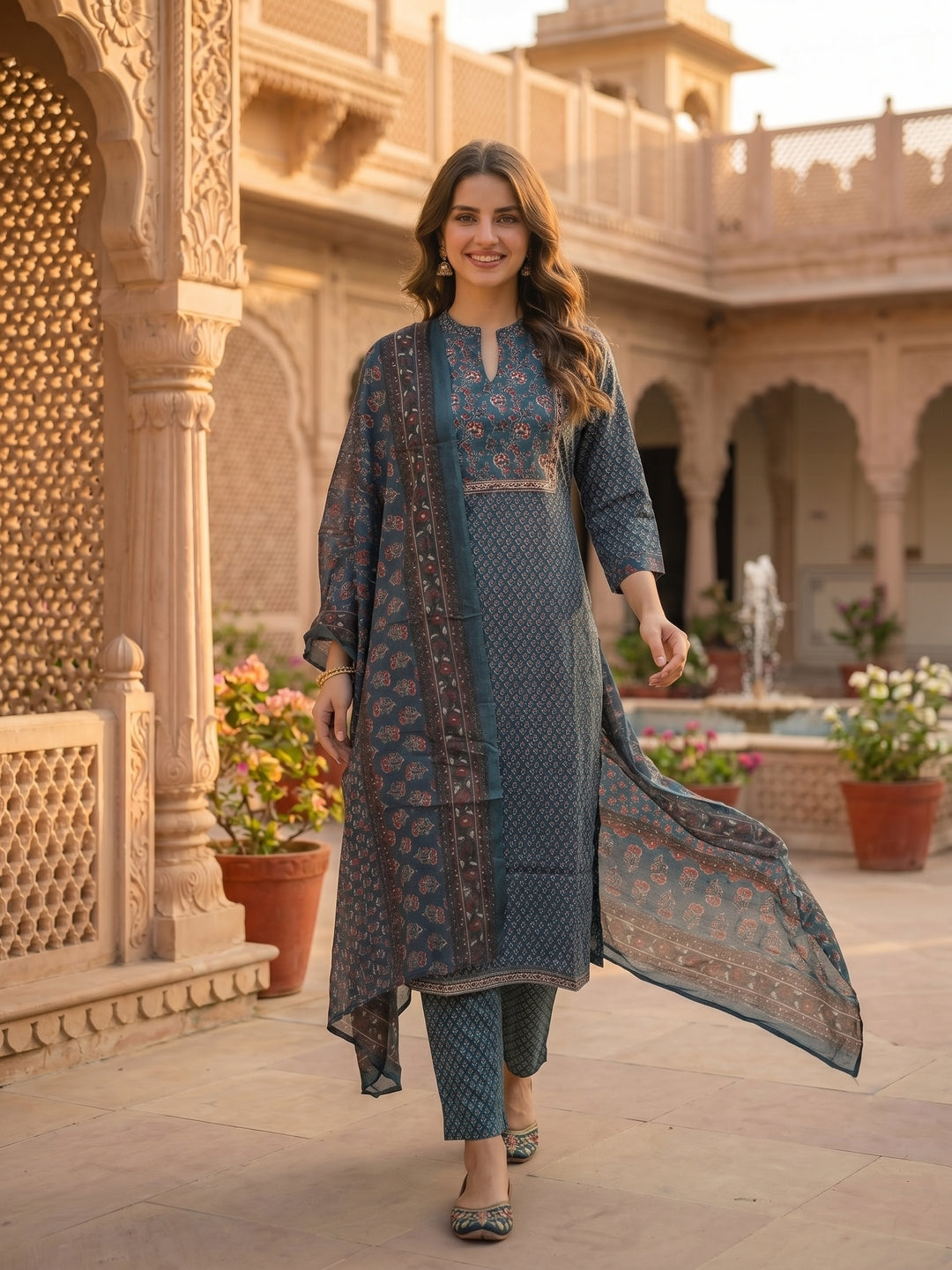 Ajrakh Print Embroidered Straight Kurta with Pant & Printed Voile Dupatta - Blue