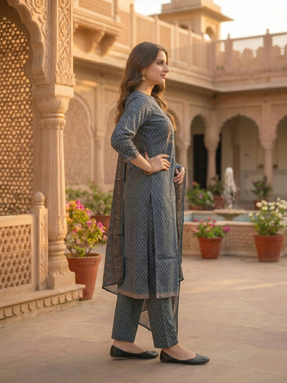 Ajrakh Print Embroidered Straight Kurta with Pant & Printed Voile Dupatta - Blue