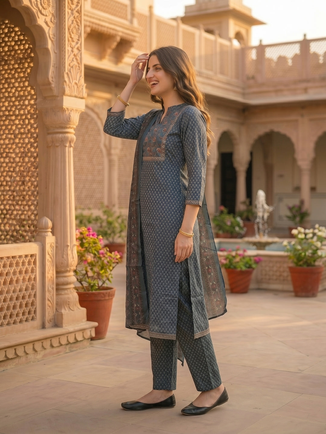 Ajrakh Print Embroidered Straight Kurta with Pant & Printed Voile Dupatta - Blue