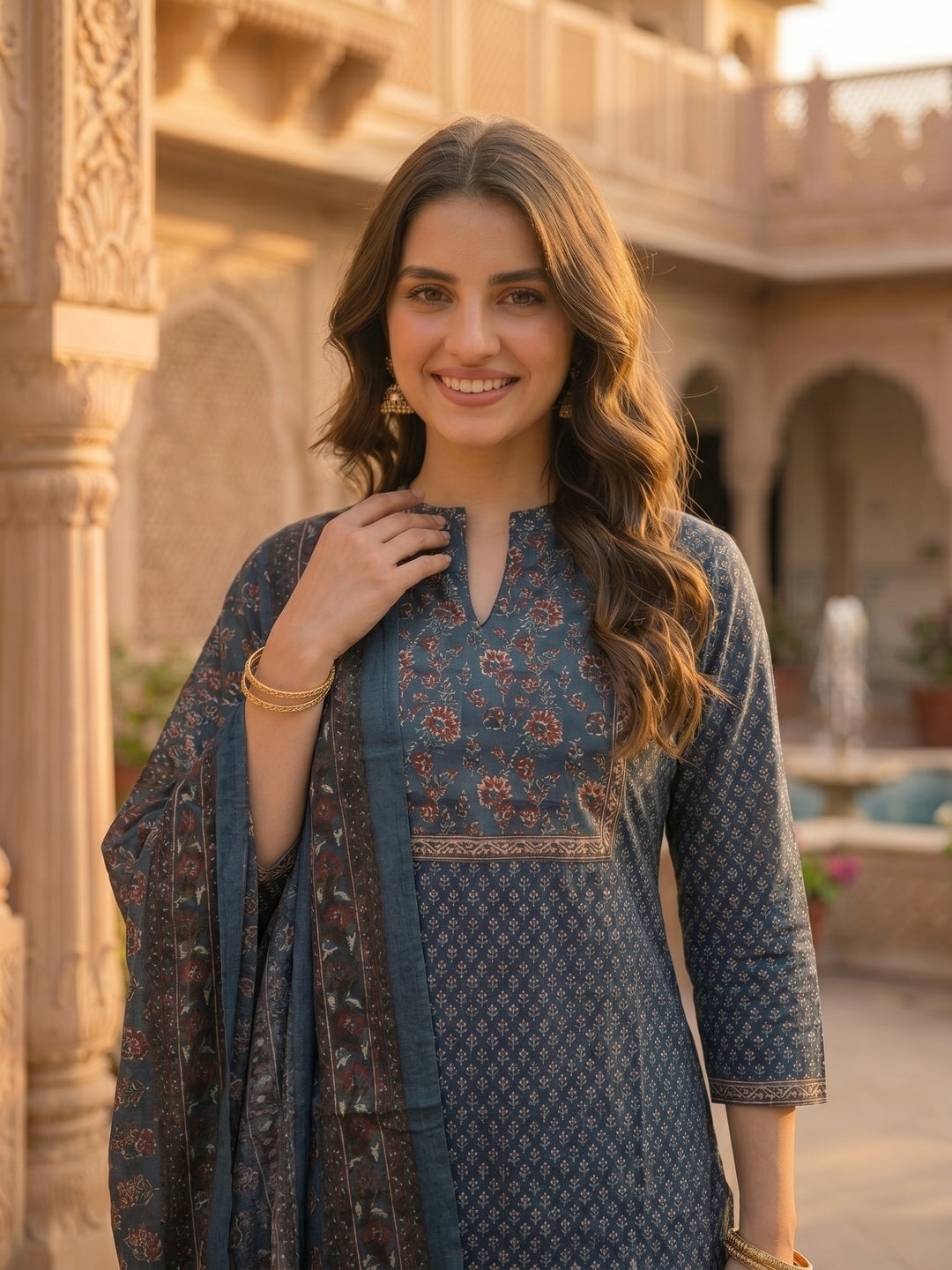 Ajrakh Print Embroidered Straight Kurta with Pant & Printed Voile Dupatta - Blue