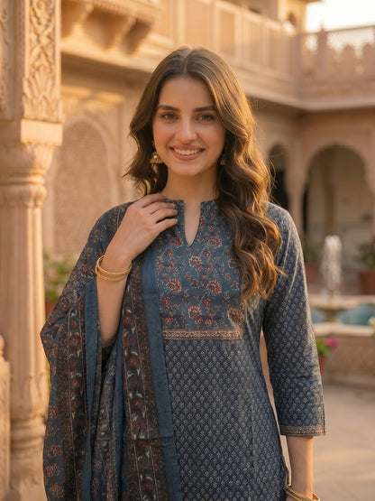 Ajrakh Print Embroidered Straight Kurta with Pant & Printed Voile Dupatta - Blue