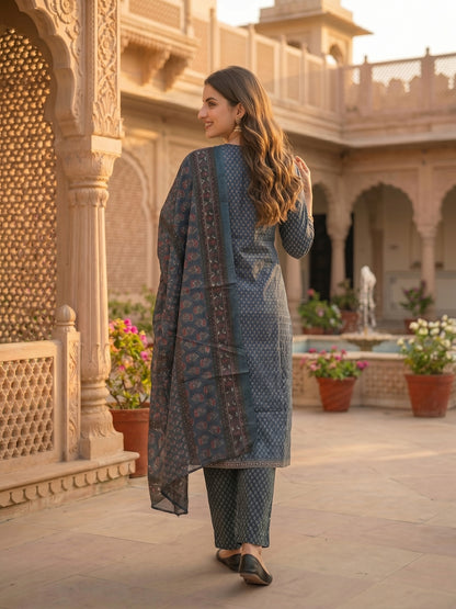 Ajrakh Print Embroidered Straight Kurta with Pant & Printed Voile Dupatta - Blue