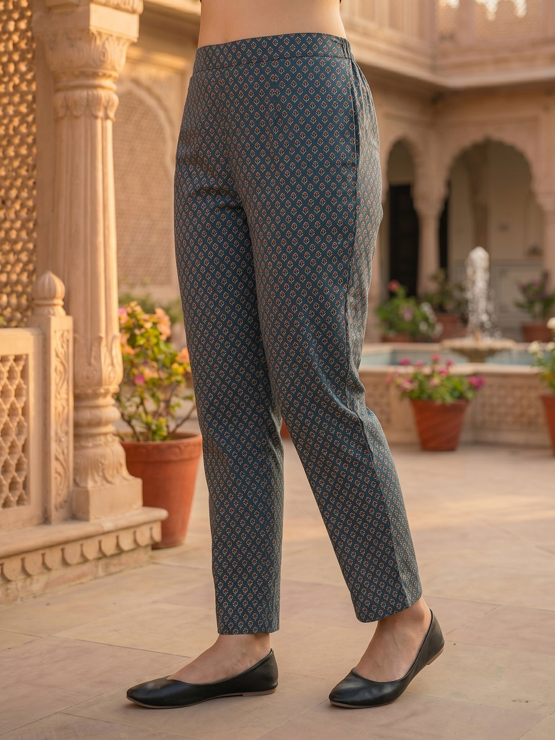 Ajrakh Print Embroidered Straight Kurta with Pant & Printed Voile Dupatta - Blue