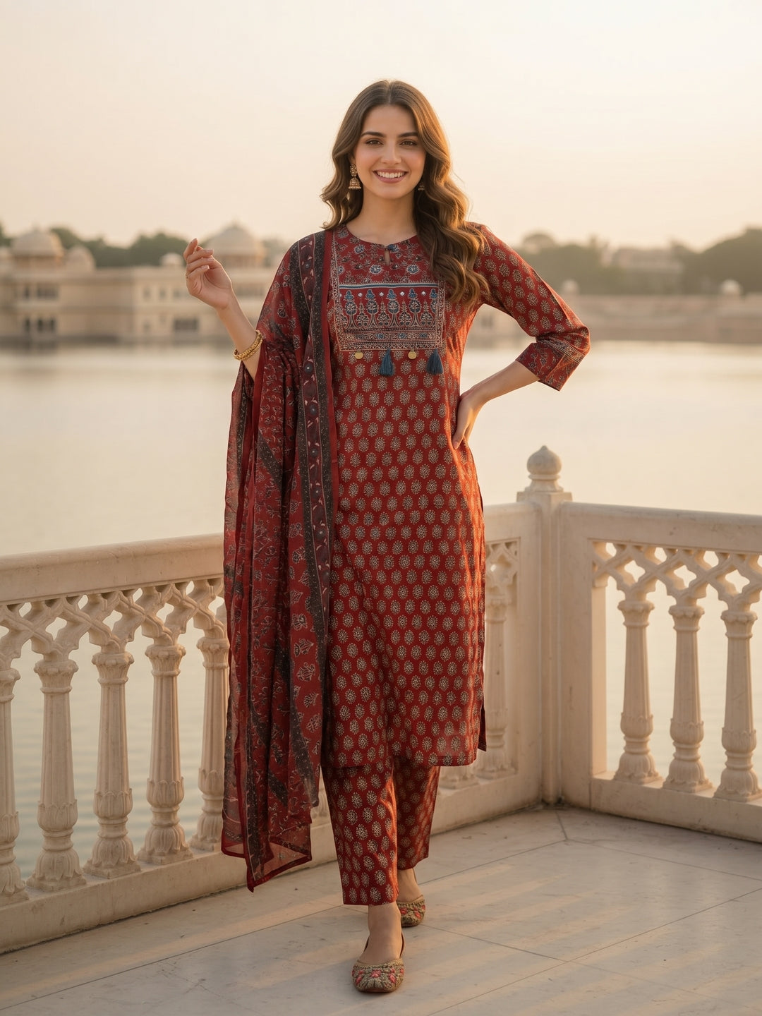 Ajrakh Ethnic Printed Mirror Work & Embroidered Straight Kurta with Pant & Dupatta - Maroon