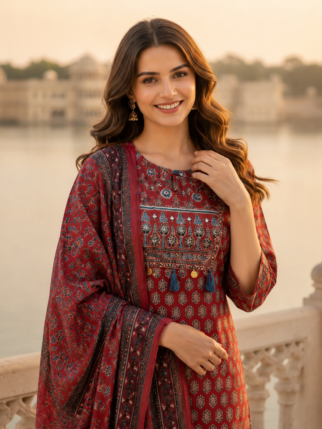 Ajrakh Ethnic Printed Mirror Work & Embroidered Straight Kurta with Pant & Dupatta - Maroon