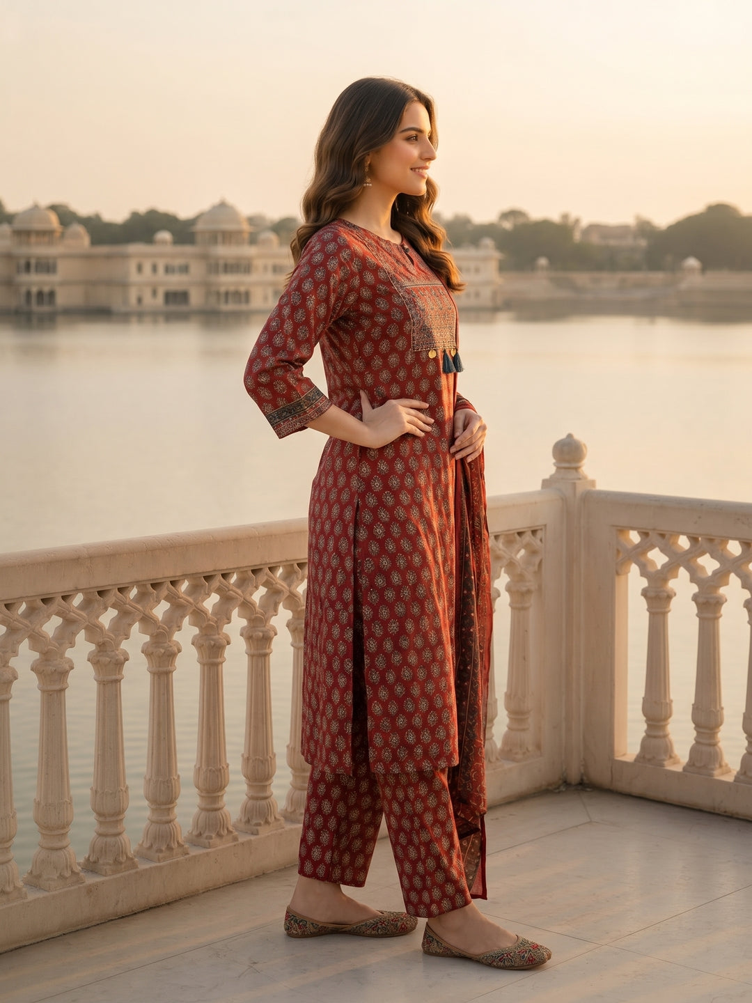 Ajrakh Ethnic Printed Mirror Work & Embroidered Straight Kurta with Pant & Dupatta - Maroon