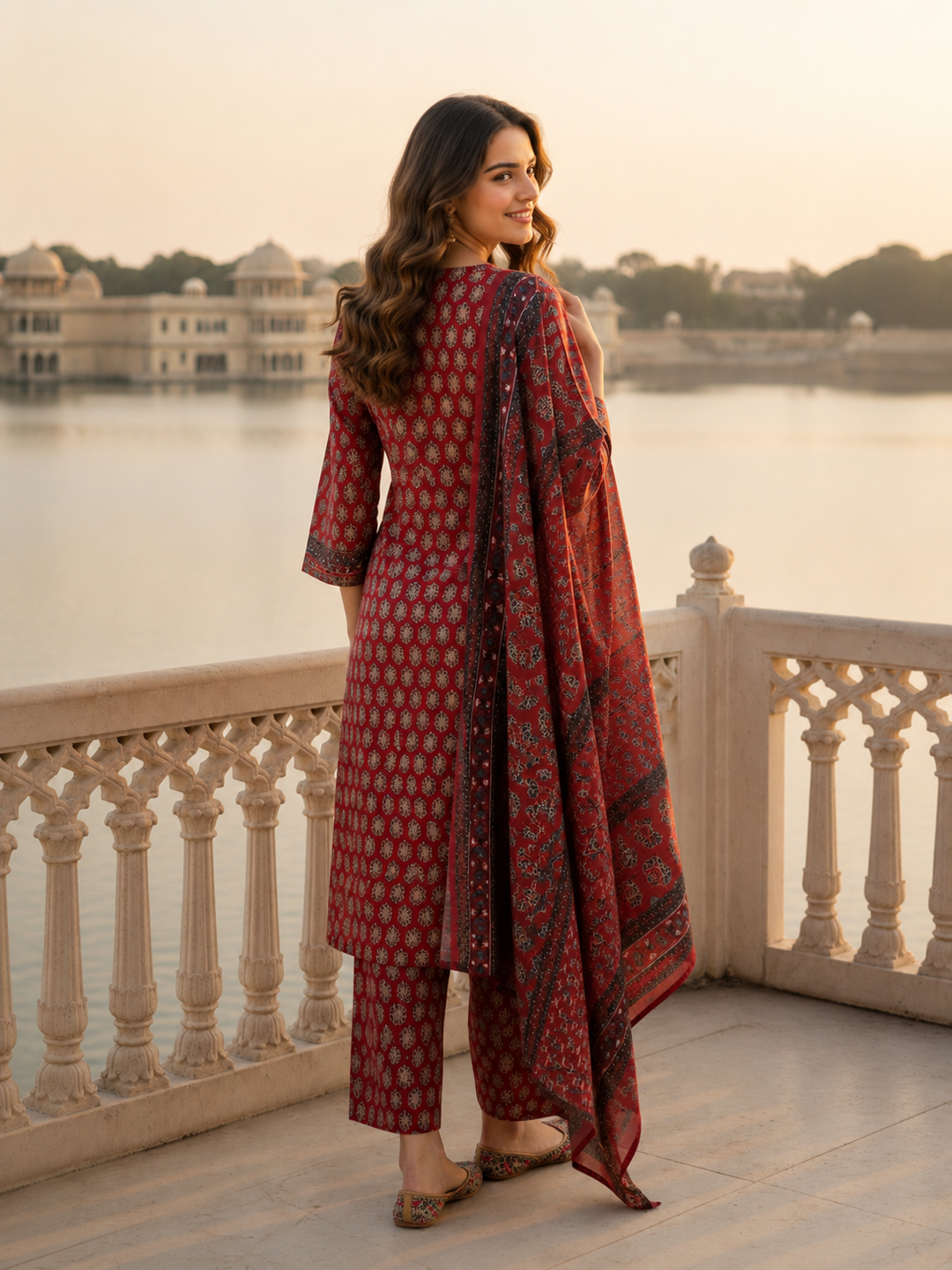Ajrakh Ethnic Printed Mirror Work & Embroidered Straight Kurta with Pant & Dupatta - Maroon