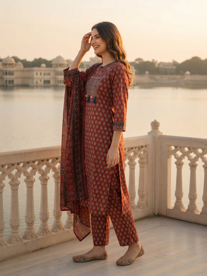 Ajrakh Ethnic Printed Mirror Work & Embroidered Straight Kurta with Pant & Dupatta - Maroon
