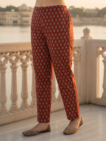 Ajrakh Ethnic Printed Mirror Work & Embroidered Straight Kurta with Pant & Dupatta - Maroon