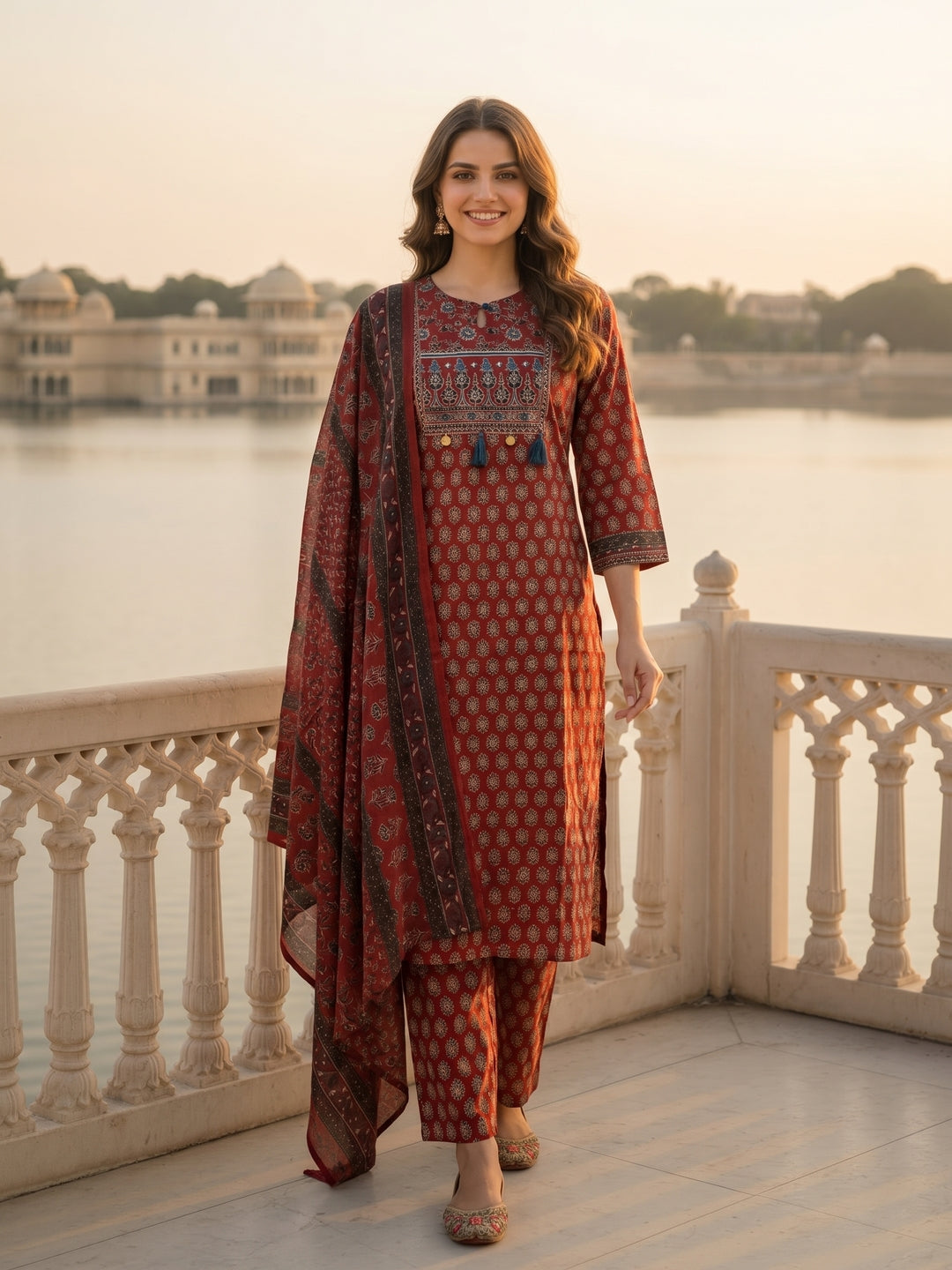 Ajrakh Ethnic Printed Mirror Work & Embroidered Straight Kurta with Pant & Dupatta - Maroon