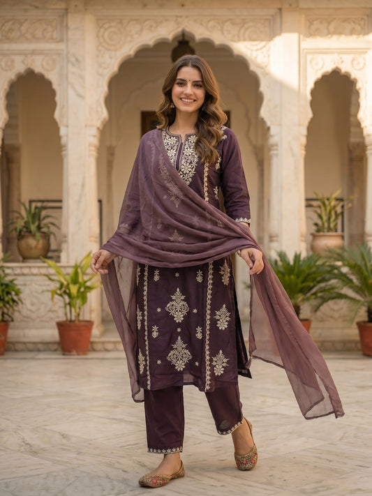 Solid Thread Embroidered & Sequin Straight Kurta with Palazzo & Dupatta - Purple