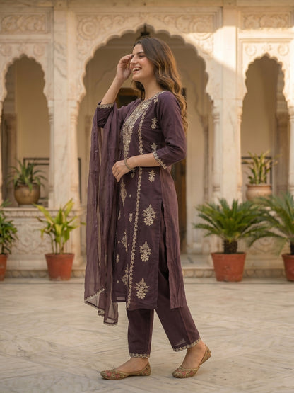 Solid Thread Embroidered & Sequin Straight Kurta with Palazzo & Dupatta - Purple