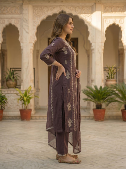 Solid Thread Embroidered & Sequin Straight Kurta with Palazzo & Dupatta - Purple