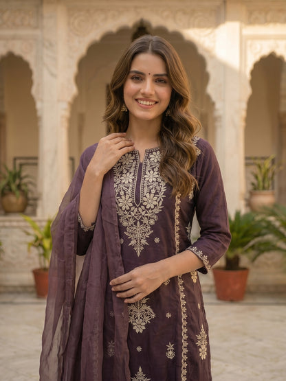 Solid Thread Embroidered & Sequin Straight Kurta with Palazzo & Dupatta - Purple