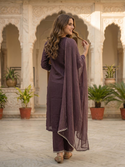 Solid Thread Embroidered & Sequin Straight Kurta with Palazzo & Dupatta - Purple