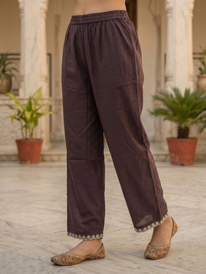Solid Thread Embroidered & Sequin Straight Kurta with Palazzo & Dupatta - Purple