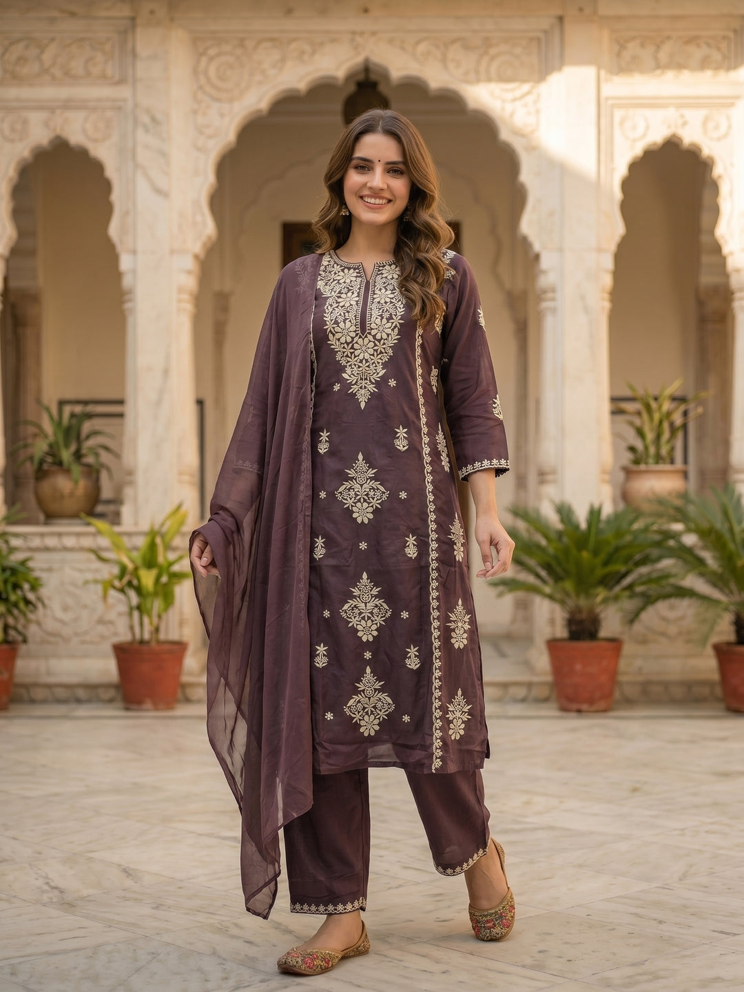 Solid Thread Embroidered & Sequin Straight Kurta with Palazzo & Dupatta - Purple