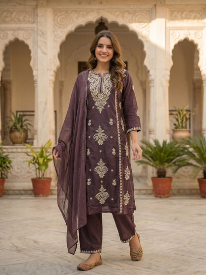 Solid Thread Embroidered & Sequin Straight Kurta with Palazzo & Dupatta - Purple