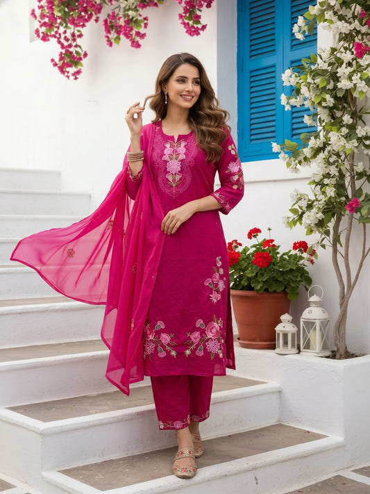 Solid Embroidered Yoke Straight Kurta with Pyjama & Dupatta - Magenta