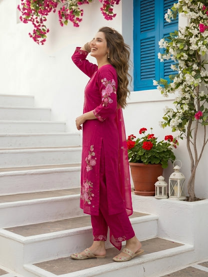 Solid Embroidered Yoke Straight Kurta with Pyjama & Dupatta - Magenta