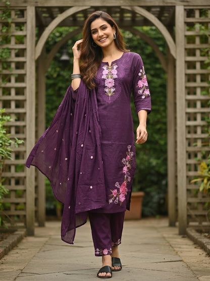 Solid Floral Embroidered Straight Kurta with Pant & Dupatta - Purple