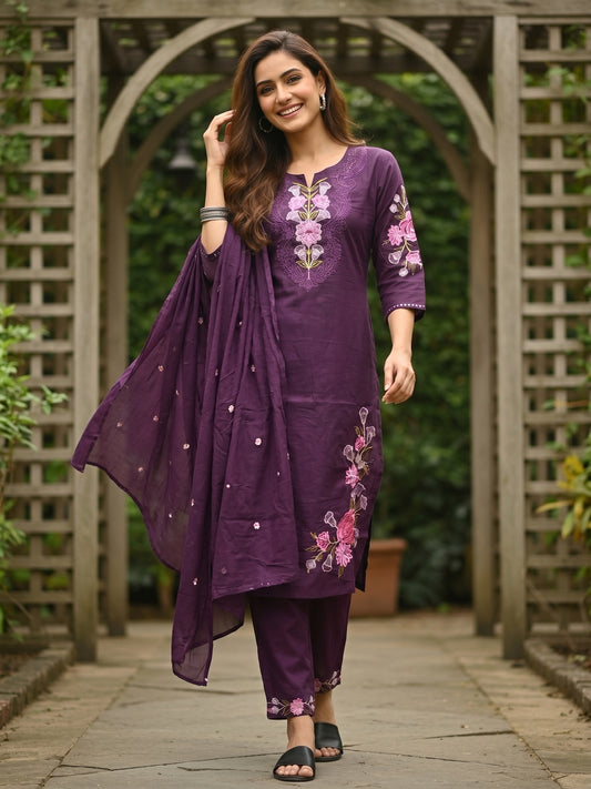 Solid Floral Embroidered Straight Kurta with Pant & Dupatta - Purple