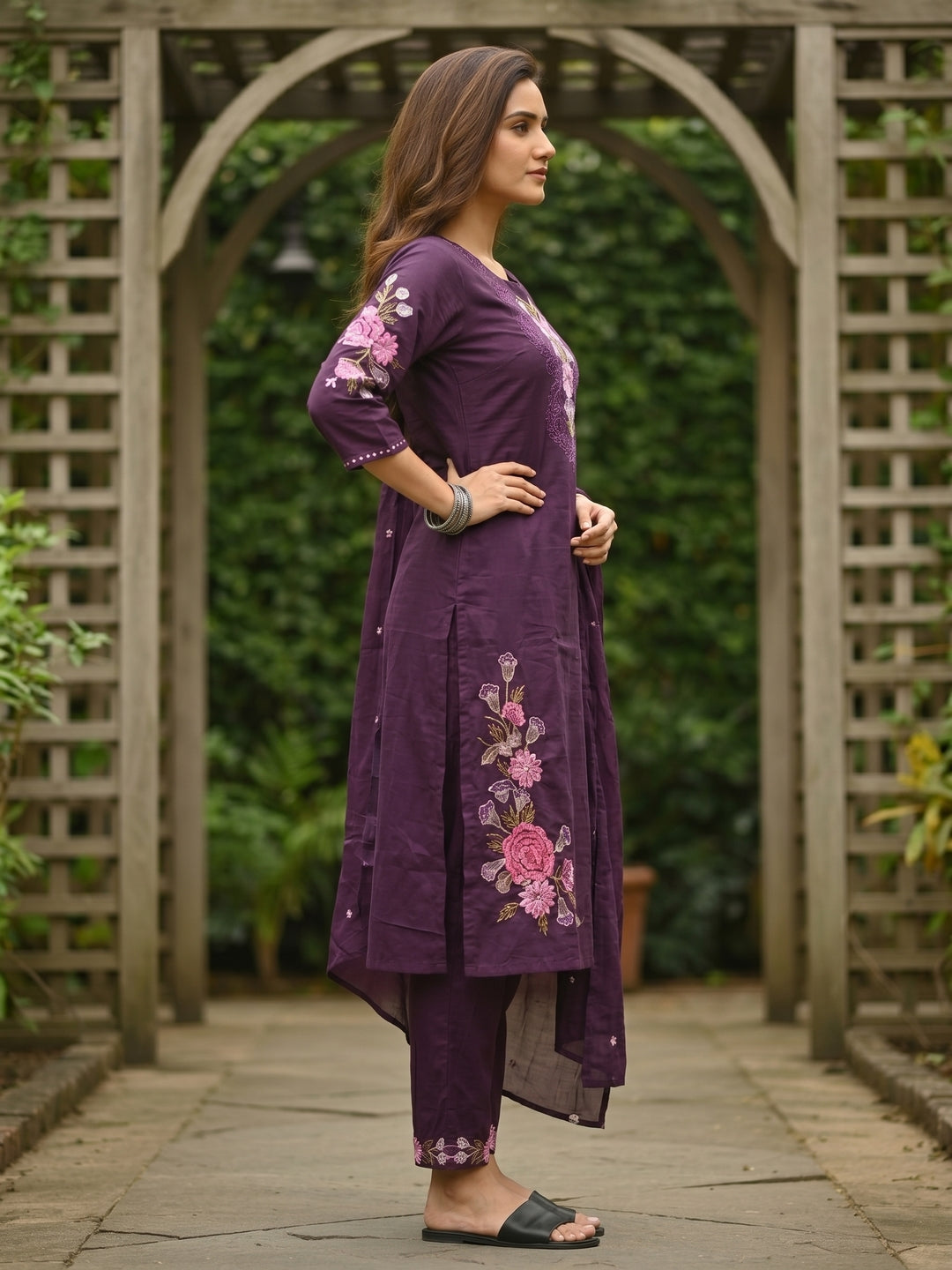 Solid Floral Embroidered Straight Kurta with Pant & Dupatta - Purple