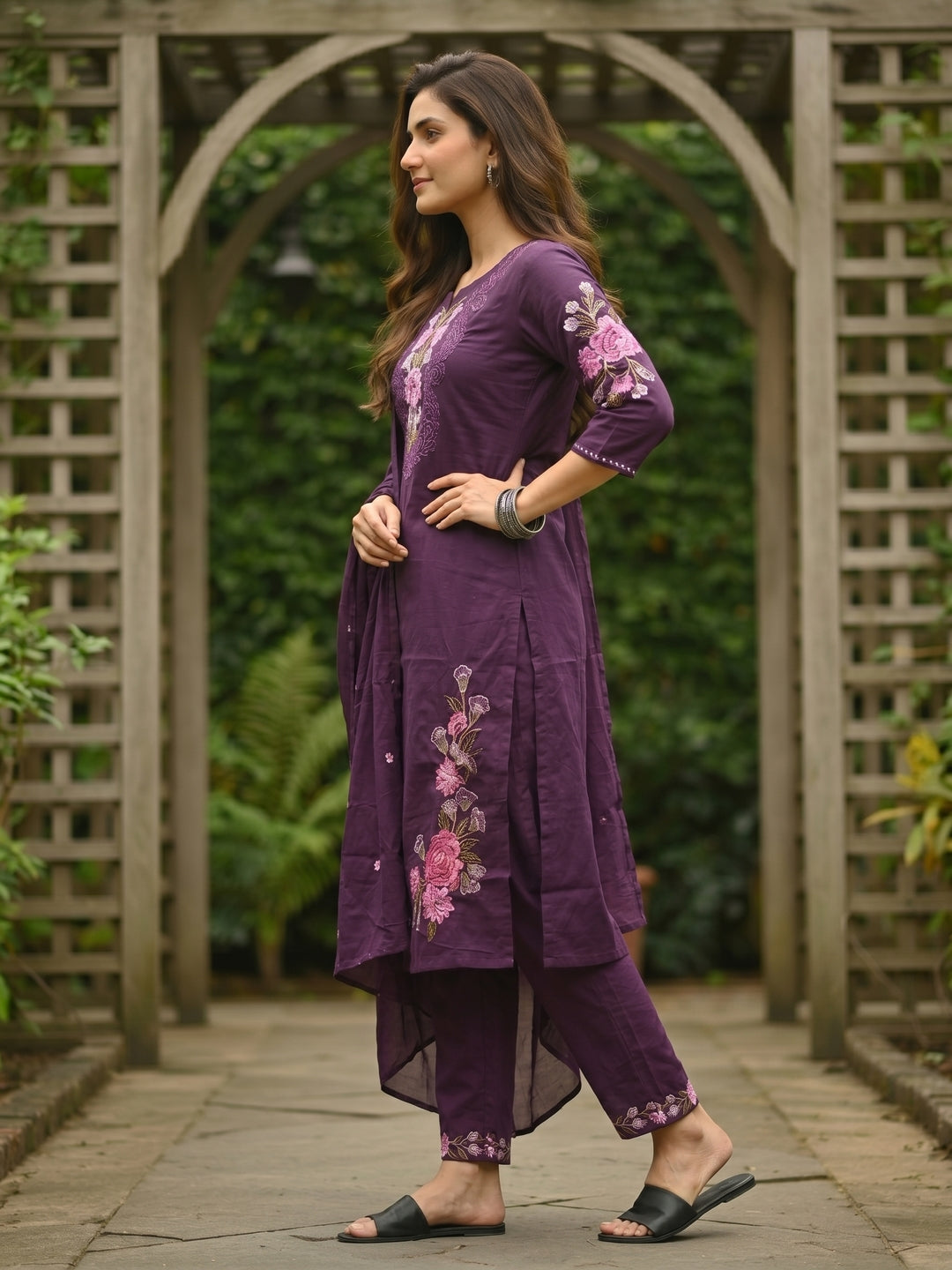 Solid Floral Embroidered Straight Kurta with Pant & Dupatta - Purple
