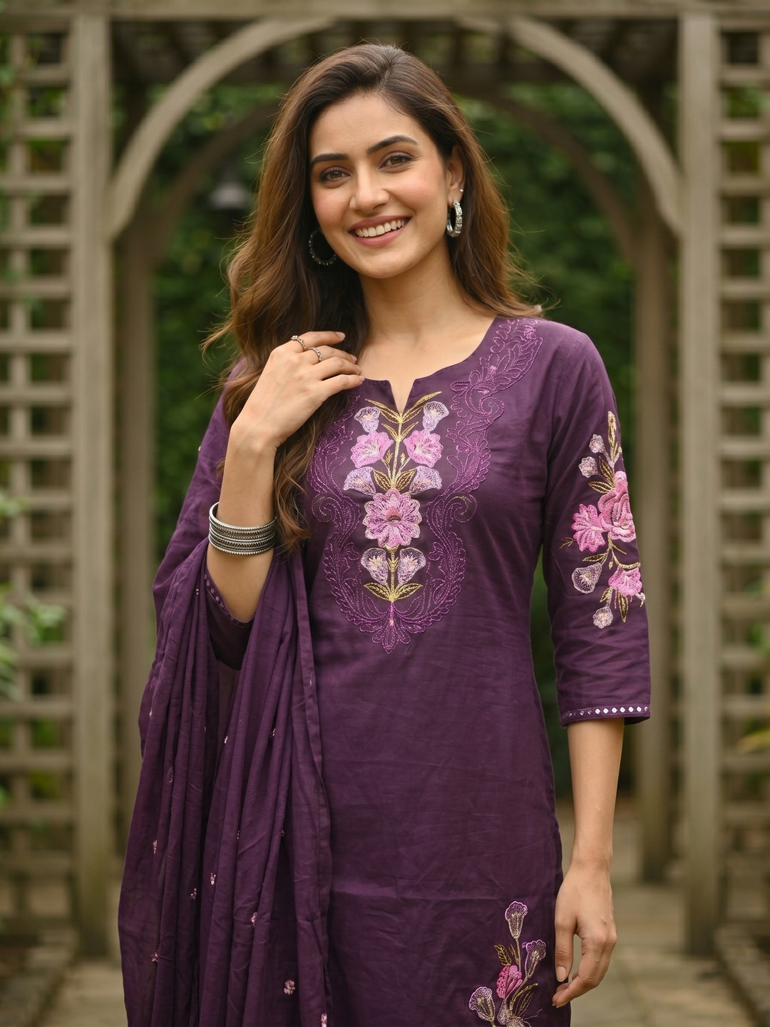 Solid Floral Embroidered Straight Kurta with Pant & Dupatta - Purple