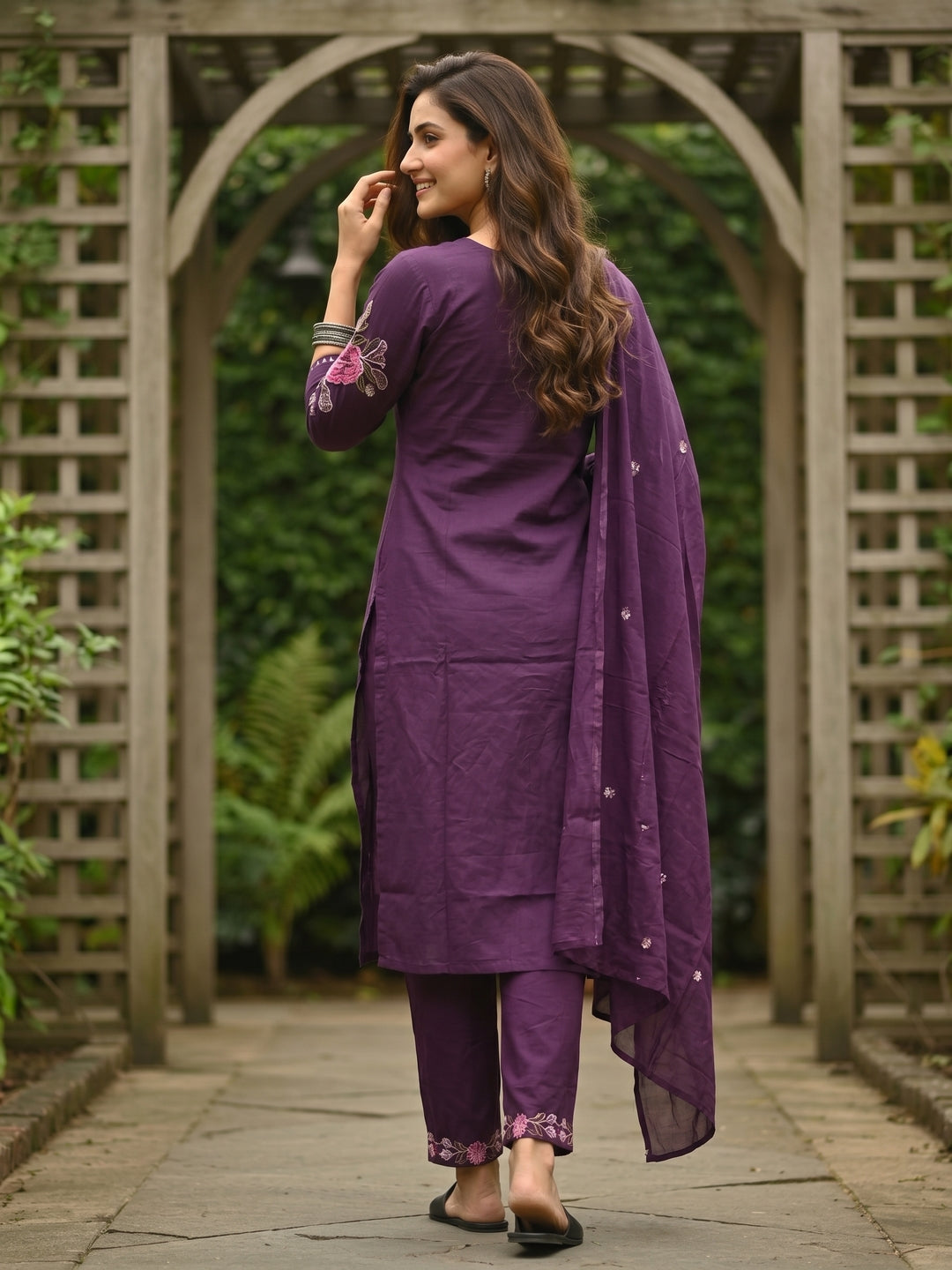Solid Floral Embroidered Straight Kurta with Pant & Dupatta - Purple