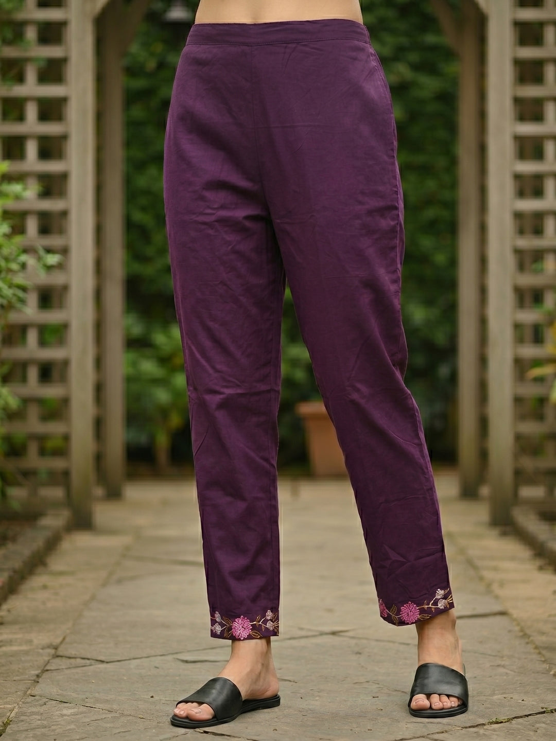 Solid Floral Embroidered Straight Kurta with Pant & Dupatta - Purple