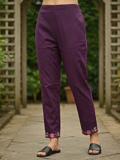 Solid Floral Embroidered Straight Kurta with Pant & Dupatta - Purple
