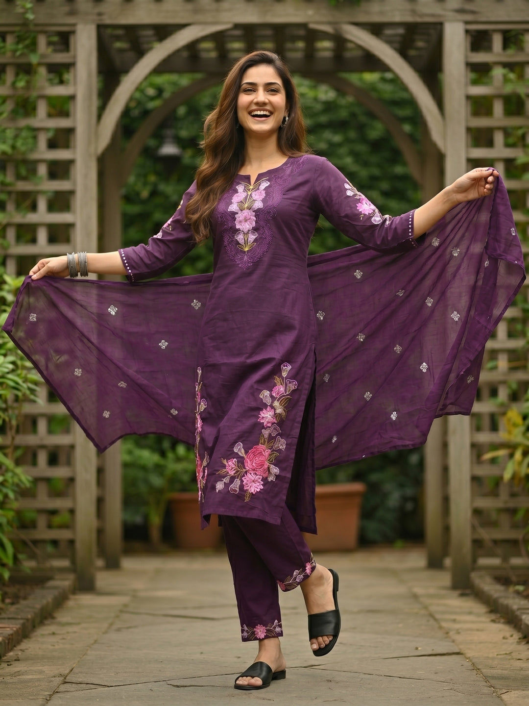 Solid Floral Embroidered Straight Kurta with Pant & Dupatta - Purple