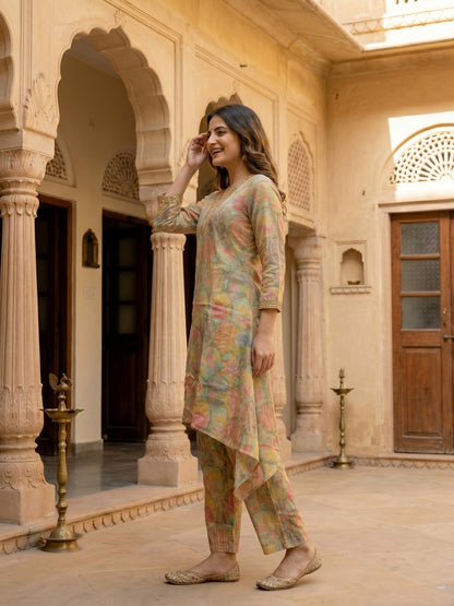 Multi Ethnic Printed Embroidered A-Line Kurta Co-ord Set with Palazzo