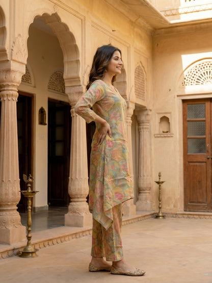 Multi Ethnic Printed Embroidered A-Line Kurta Co-ord Set with Palazzo