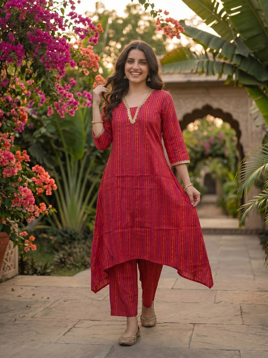 Ethnic Floral Printed & Lace A-Line Kurta with Palazzo Co-ord Set - Rani
