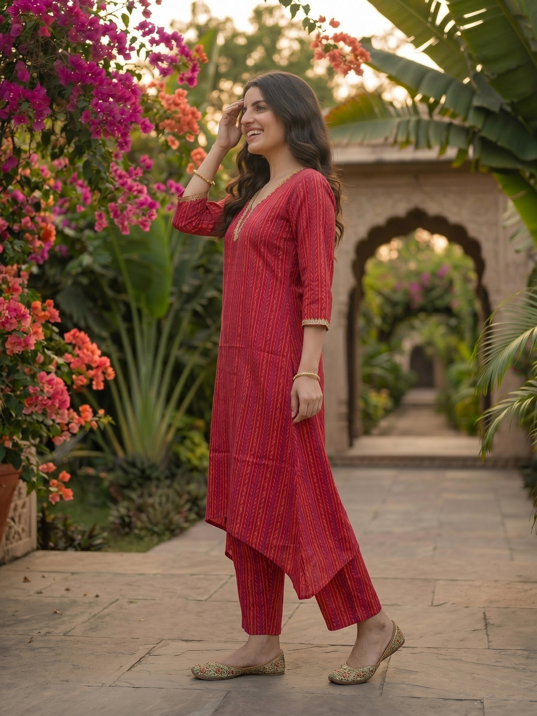 Ethnic Floral Printed & Lace A-Line Kurta with Palazzo Co-ord Set - Rani
