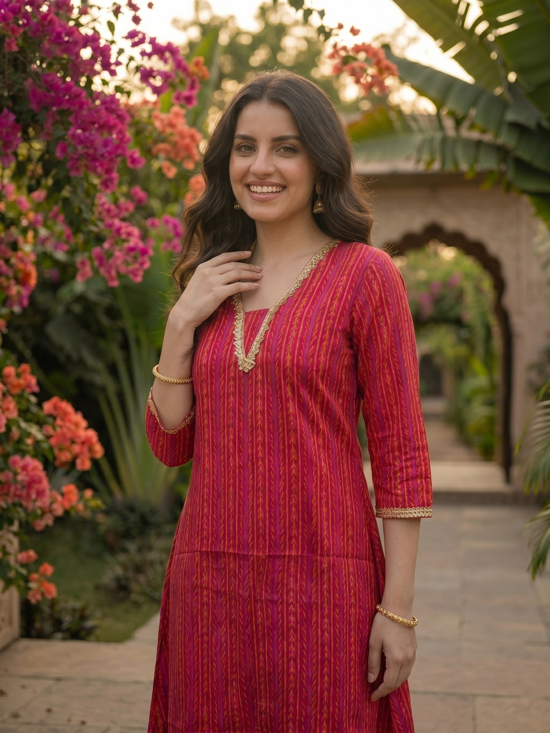 Ethnic Floral Printed & Lace A-Line Kurta with Palazzo Co-ord Set - Rani
