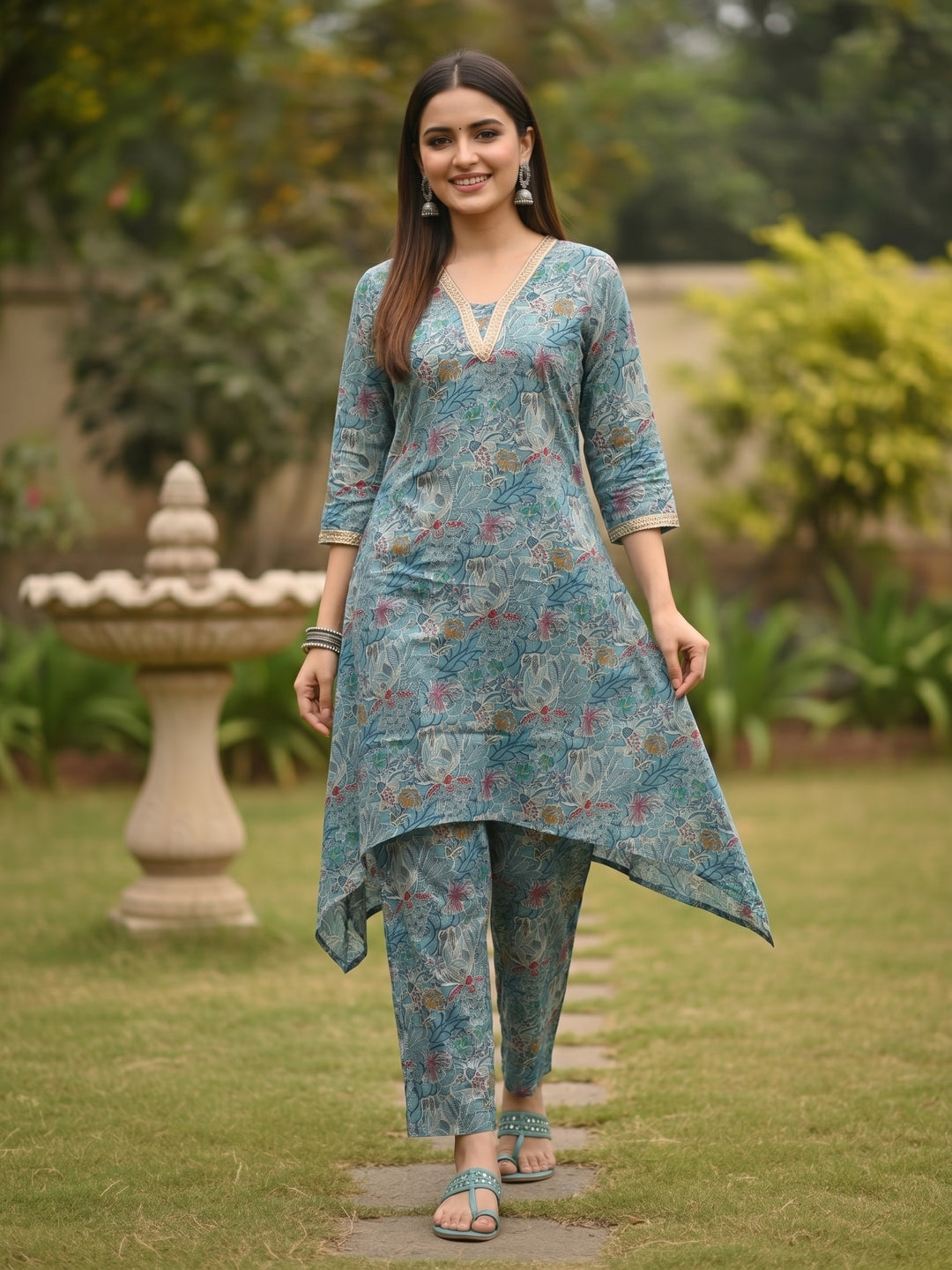 Ethnic Floral Printed & Lace A-Line Kurta with Palazzo Co-ord Set - Green