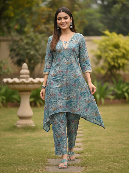 Ethnic Floral Printed & Lace A-Line Kurta with Palazzo Co-ord Set - Green