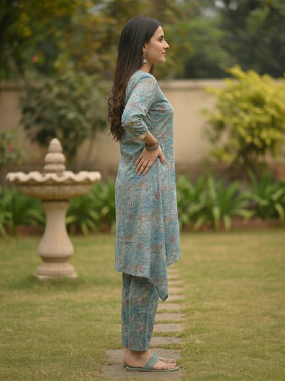 Ethnic Floral Printed & Lace A-Line Kurta with Palazzo Co-ord Set - Green