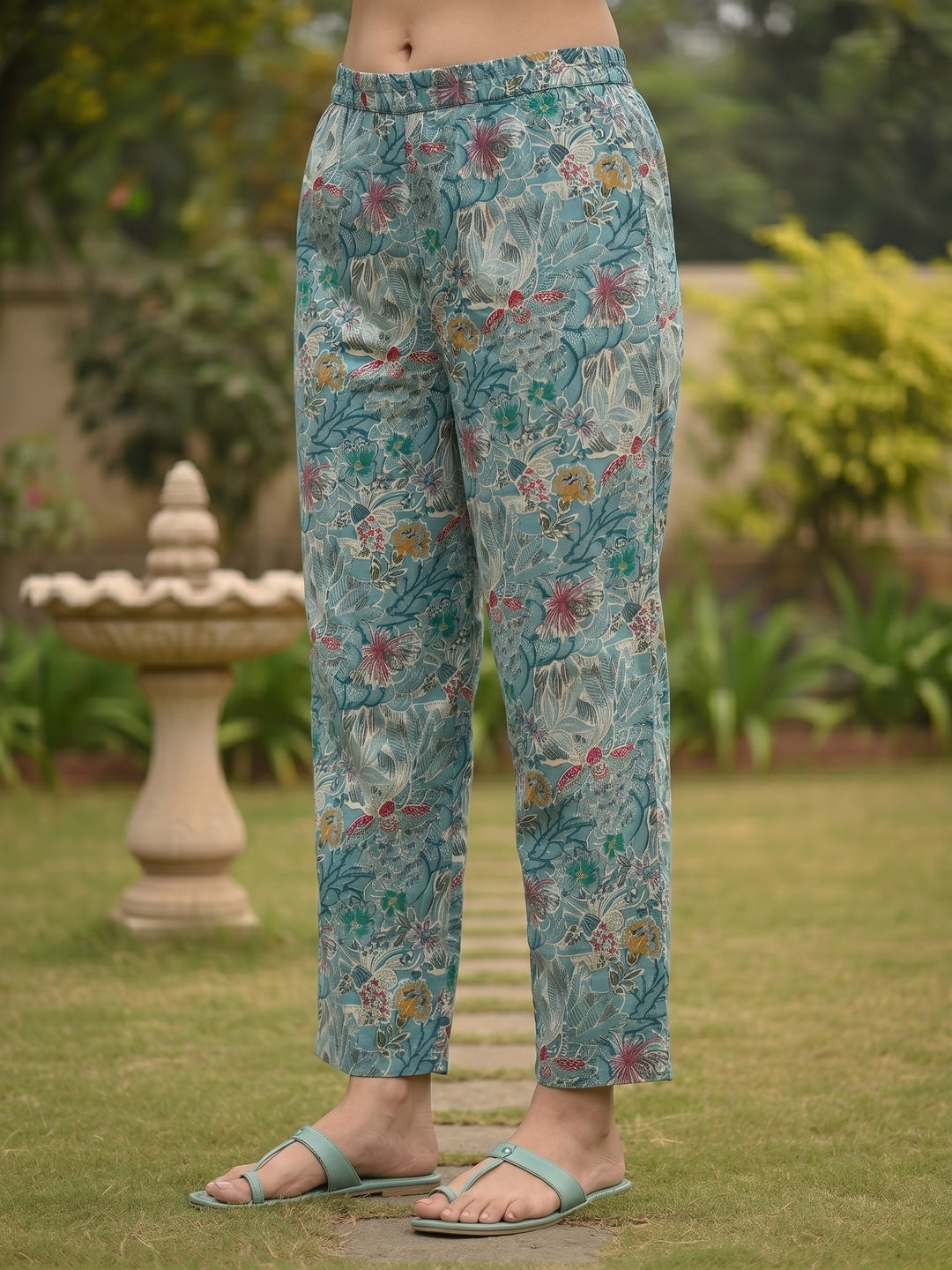 Ethnic Floral Printed & Lace A-Line Kurta with Palazzo Co-ord Set - Green