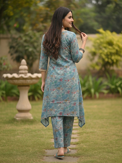 Ethnic Floral Printed & Lace A-Line Kurta with Palazzo Co-ord Set - Green
