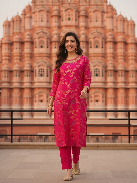 Floral Foil Printed & Embroidered Straight Kurta with Pant - Rani