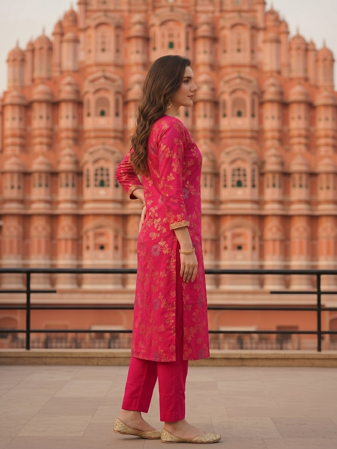 Floral Foil Printed & Embroidered Straight Kurta with Pant - Rani