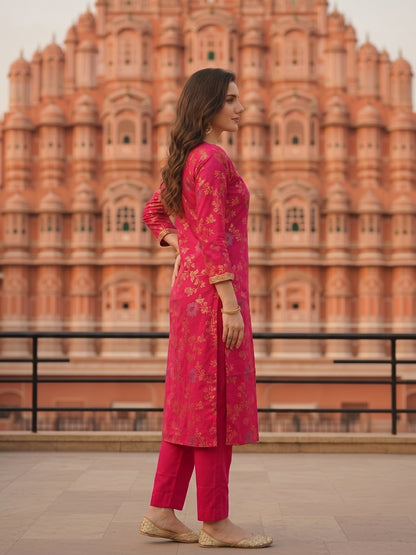 Floral Foil Printed & Embroidered Straight Kurta with Pant - Rani