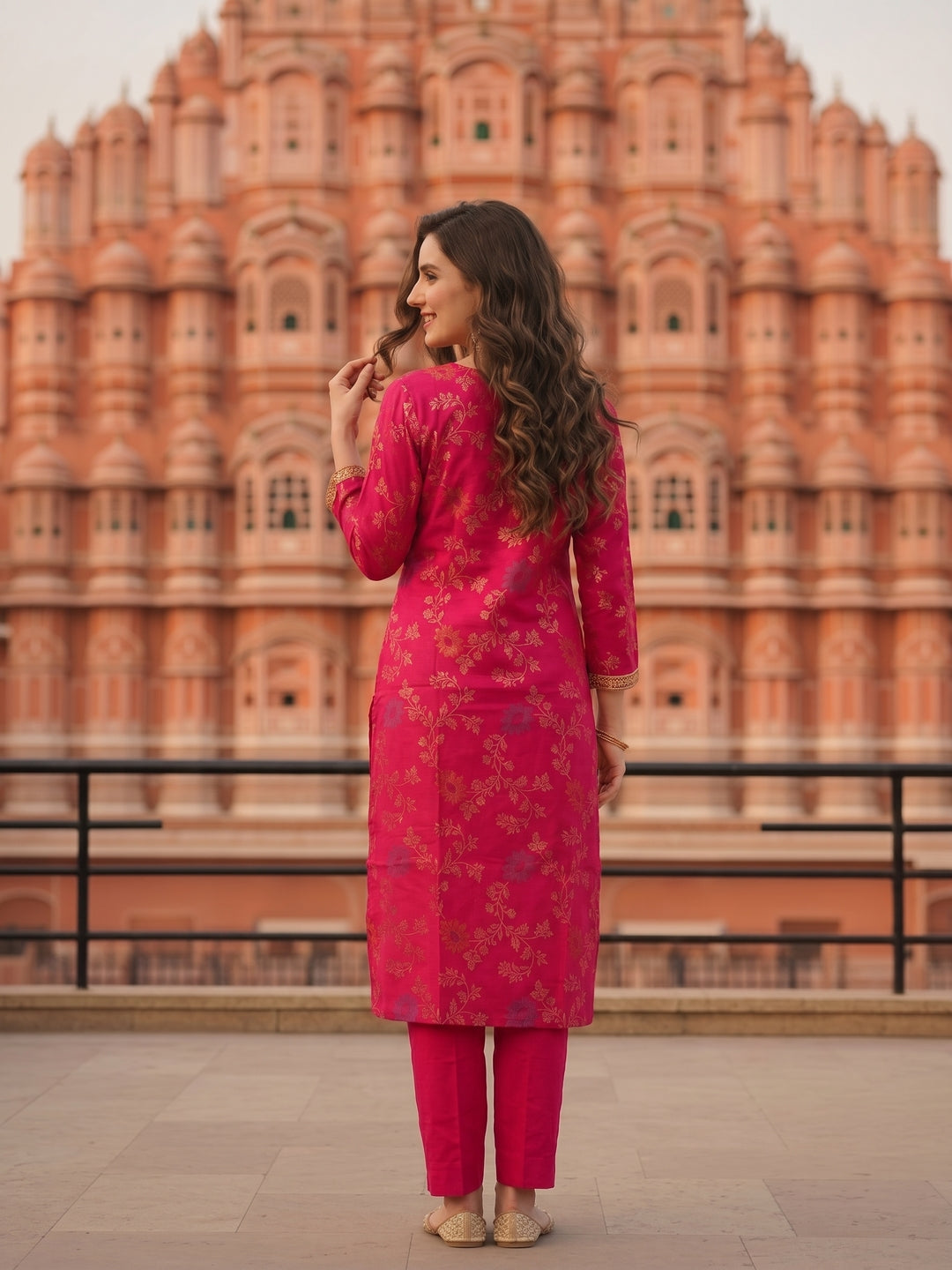 Floral Foil Printed & Embroidered Straight Kurta with Pant - Rani