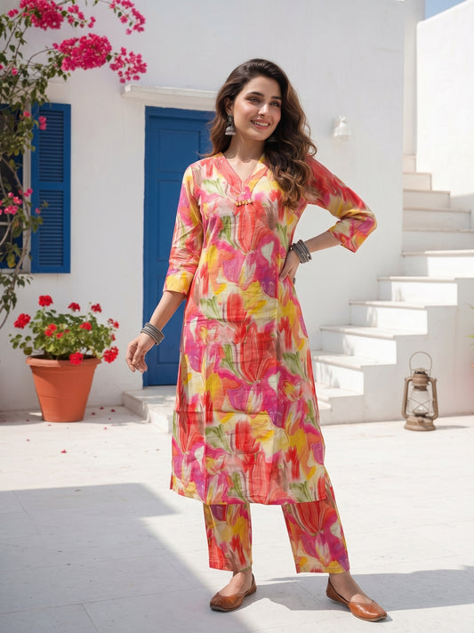 Abstract Floral Foil Printed A-Line Co-ord Set - Pink