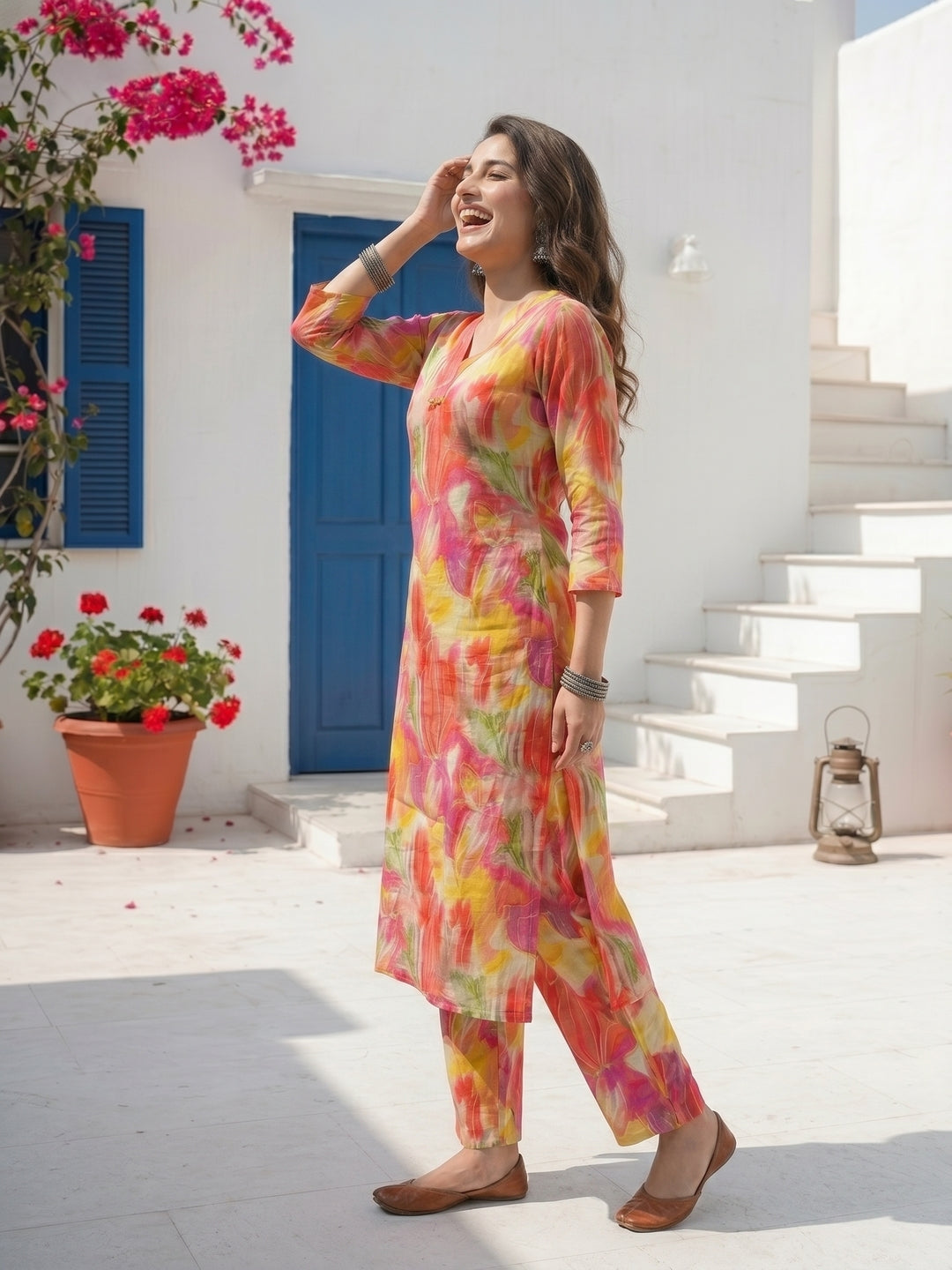 Abstract Floral Foil Printed A-Line Co-ord Set - Pink